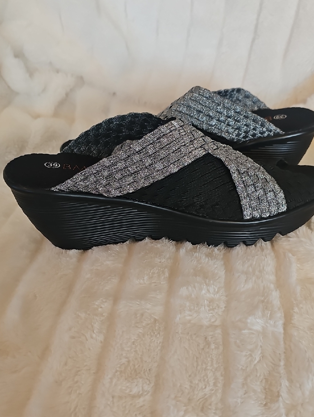 bernie mev. Metallic Silver and Black Wedge Slide